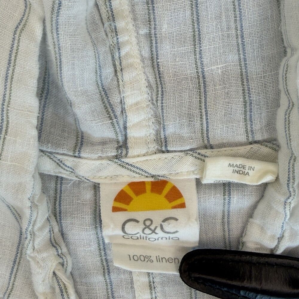 C&C California Womens Medium 100% Linen Striped Hoodie Pullover Shirt White Blue - Picture 11 of 15